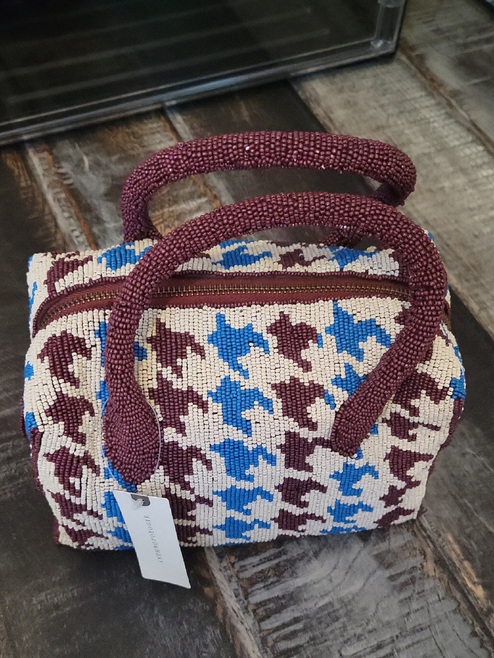 Beaded Houndstooth Tote Bag in Maroon, Blue & Cream